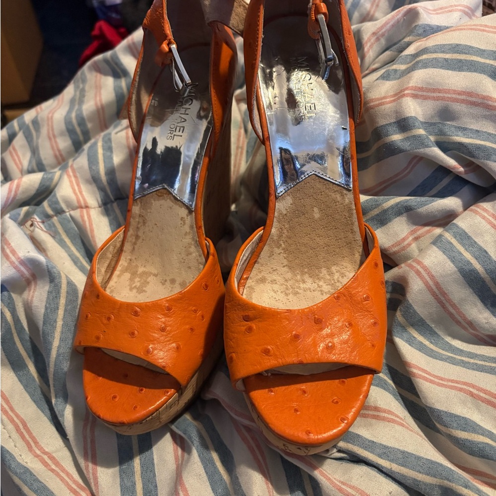Michael Kors Orange Leather Peep-Toe Wedge Sandals